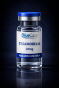 Vial labeled 'Tesamorelin' with BlueLine Research branding on a dark background